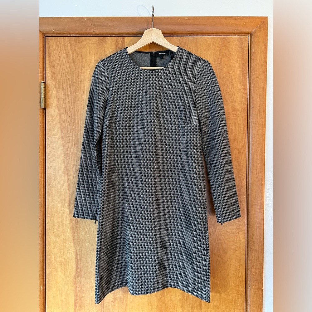 Theory Gray/Black Zip Back Knit Dress Houndstooth Long Sleeve (NWT) Size 4